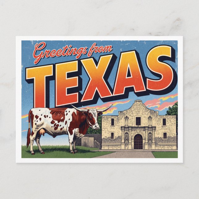 Carte Postale Texas Alamo Longhorn Cow Greetings (Devant)