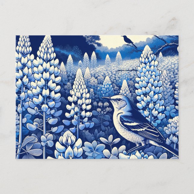 Carte Postale Texas Bluebonnets et Northern Mockingbird Texan (Devant)