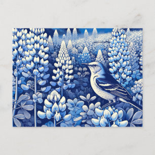 Carte Postale Texas Bluebonnets et Northern Mockingbird Texan