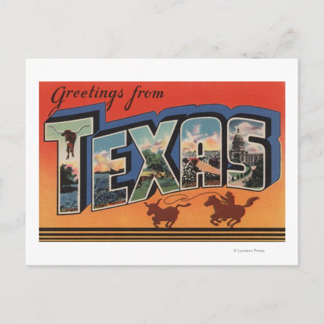 Carte Postale Texas (Cowboy Roping Bull)Scènes de grandes lettre (Devant)