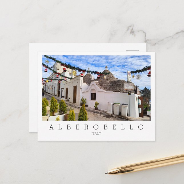 Carte Postale Texte personnalisé, maisons trulli en Alberobello (Devant/Arrière en situation)
