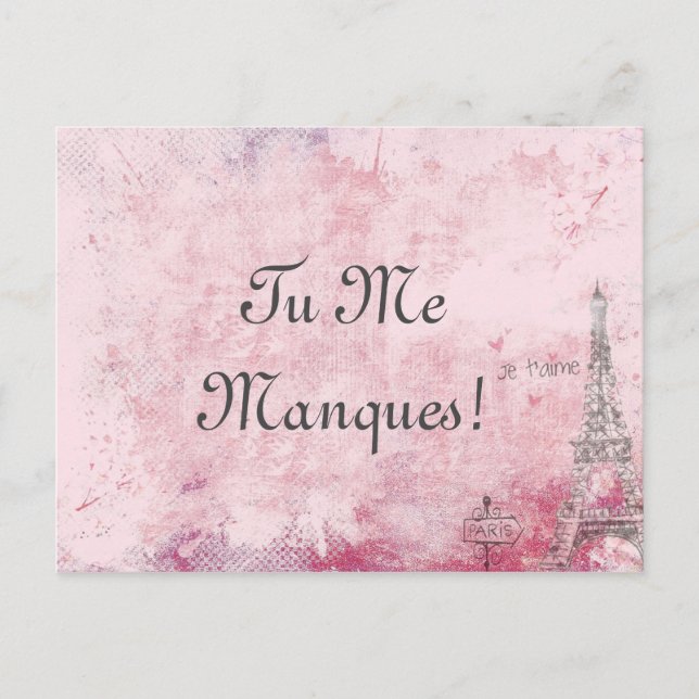 Carte Postale Texte Personnalisé Rose Je Vous Manque Paris Eiffe (Devant)