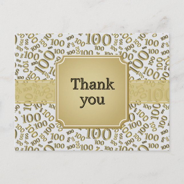 Carte Postale Thank You 100th Birthday Number Pattern Gold/White (Devant)