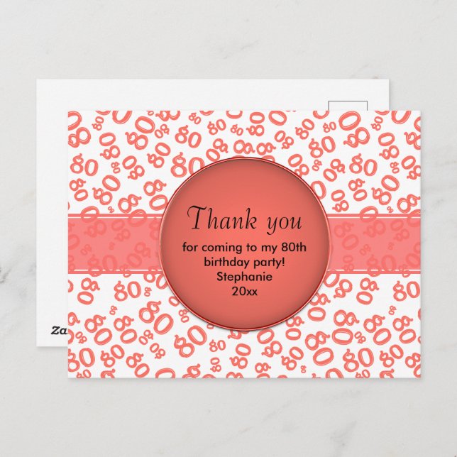 Carte Postale Thank You: 80th Coral/White Number Pattern (Devant / Derrière)