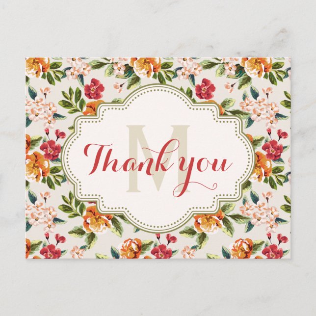 Carte Postale Thank You - Monogram Elegant Beautiful Floral (Devant)