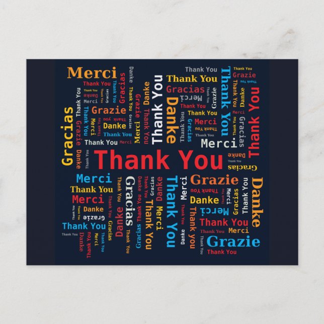 Carte Postale Thank You Word Cloud 5 Languages Black Background (Devant)