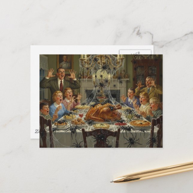 Carte Postale Thanksgiving Horror Spiders Invide the Table (Devant/Arrière en situation)