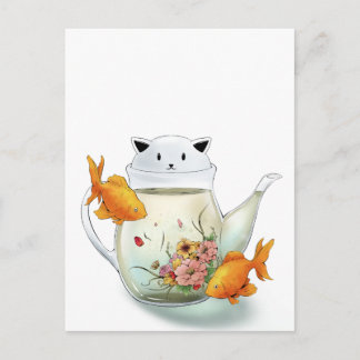 Carte Postale Thé à fleur dans une théière de chat et poisson d'
