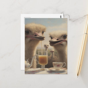 Carte Postale Thé à l'heure drôle et surréaliste de l'autruche