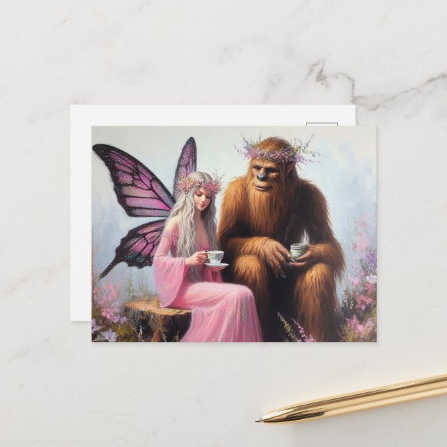 Carte Postale Thé avec Sasquatch et la Fée (Devant/Arrière en situation)