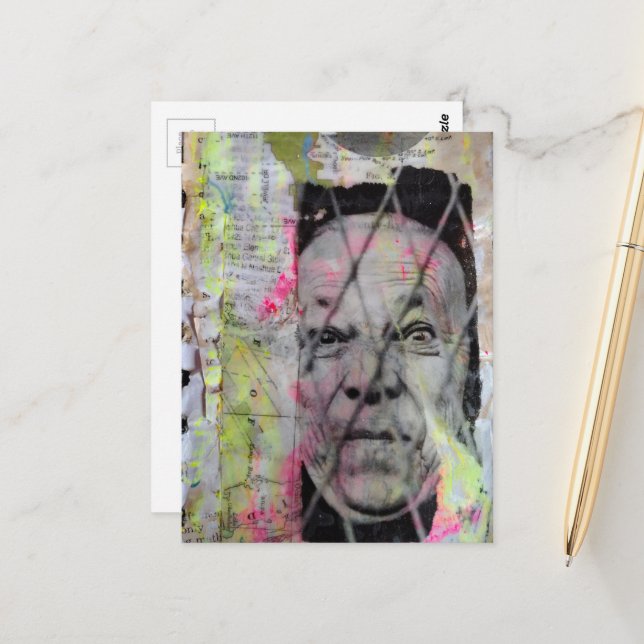 Carte Postale the caged man junk journal Mixed Media Collage (Devant/Arrière en situation)