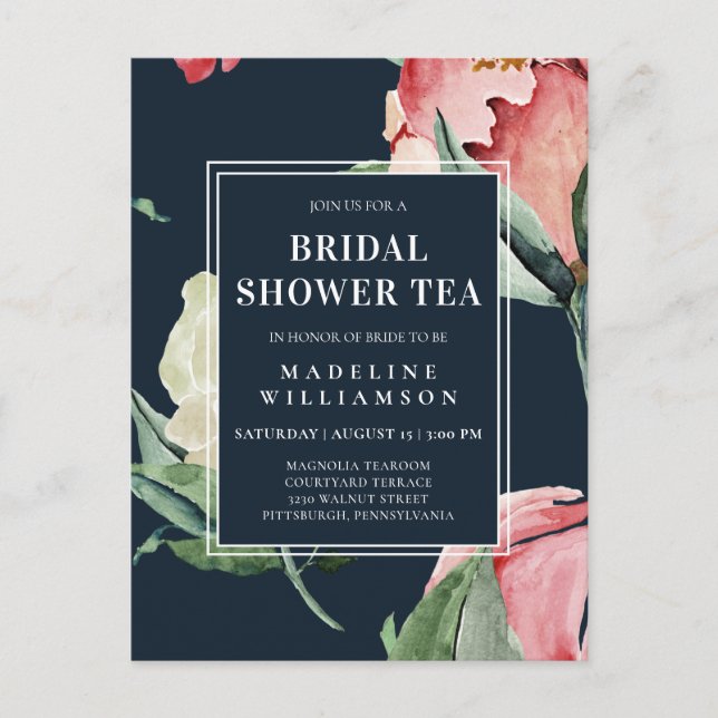 Carte Postale Thé de mariage floral aquarelle rose Navy (Devant)