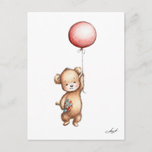 Carte Postale The Drawing of Teddy Bear with Red Balloon and Flo