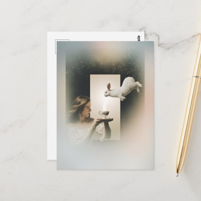 Carte Postale Thé Magique Surreal avec lapin blanc (Devant/Arrière en situation)