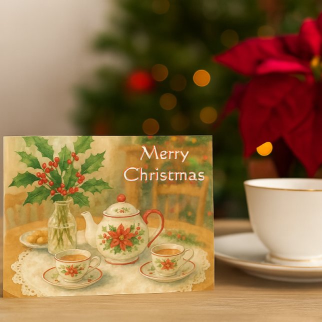 Carte Postale Théière rouge de Noël au poinsettia (“Country Christmas tea set postcard with poinsettia, cozy holiday table scene, warm festive charm”)