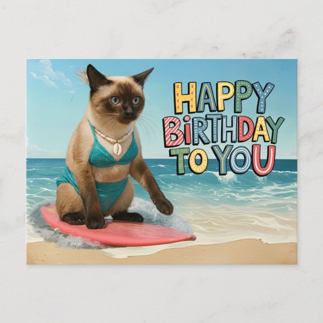 Carte Postale Thème d'anniversaire de chat sur la plage pour cha (Devant)