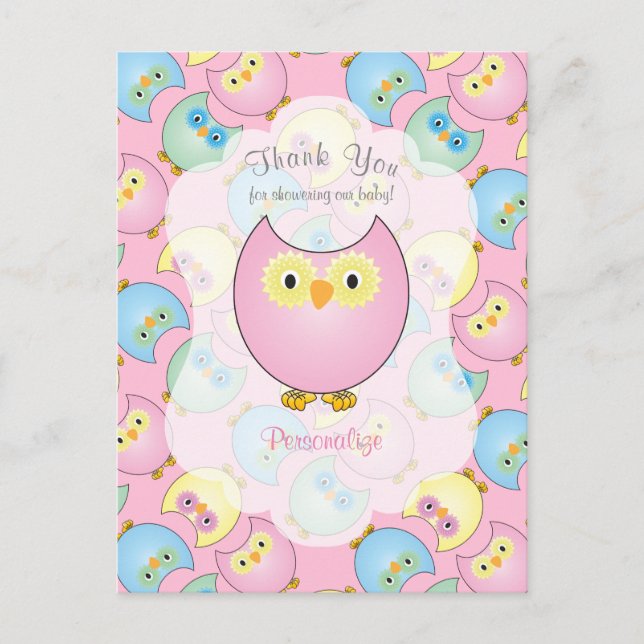 Carte Postale Thème de Baby Shower Fille Chouette Rose Pâle (Devant)