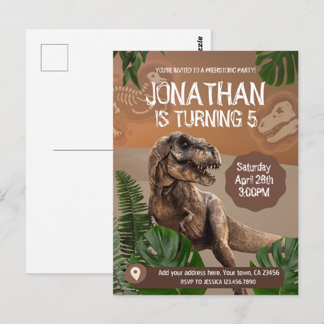 Carte Postale Thème de fête d'anniversaire Dinosaure T rex (Devant / Derrière)