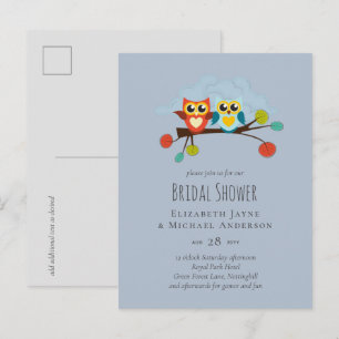 Carte Postale Thème de mariage mignon avec hiboux bleu orange