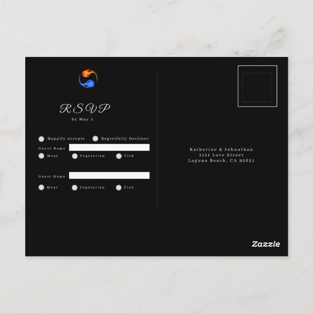 Carte Postale Thème Mariage à flamme jumelle - RSVP-Black- (Dos)