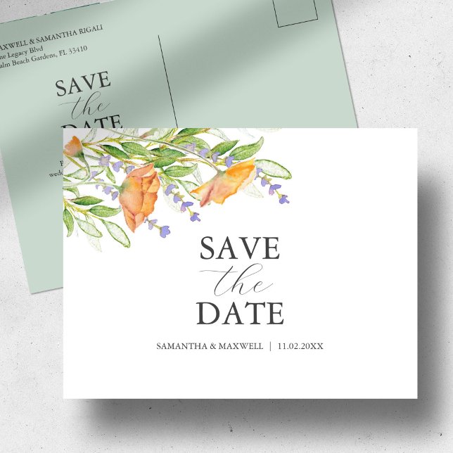 Carte Postale Thème Mariage fleur sauvage Enregistrer La Date (Save the date postcard watercolor orange florals by Victoria Grigaliunas of Do Tell A Belle)