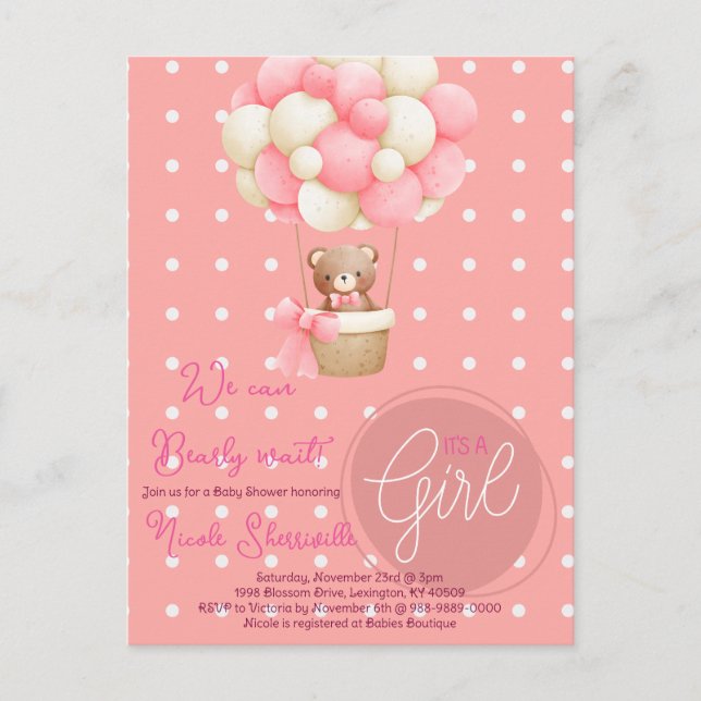 Carte Postale Thème ours ballon à air chaud rose pêche Baby Show (Devant)