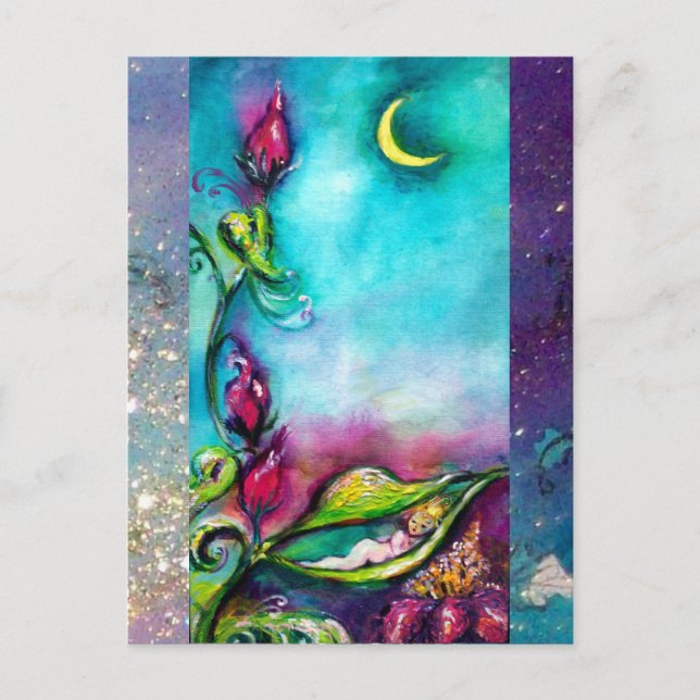 CARTE POSTALE THUMBELINA DORMIR ENTRE FEUILLES ROSE (Devant)