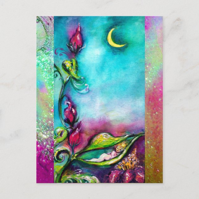 CARTE POSTALE THUMBELINA DORMIR ENTRE FEUILLES ROSE (Devant)