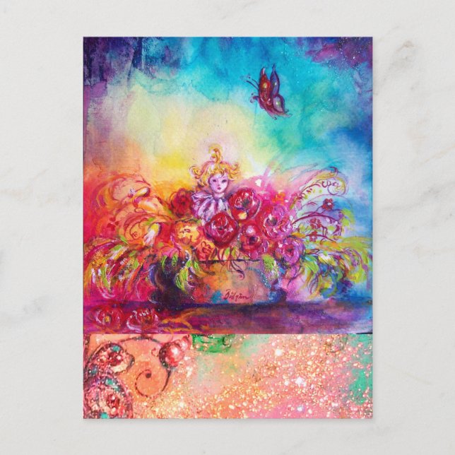 CARTE POSTALE THUMBELINA, PANIER À FLEURS ET BOUTEILLE (Devant)