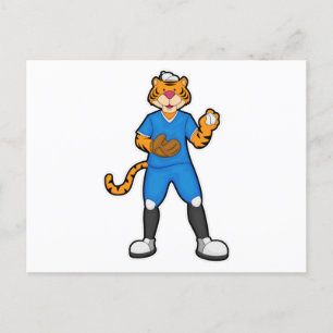 Carte Postale Tiger au baseball avec gant et Casquette de baseba