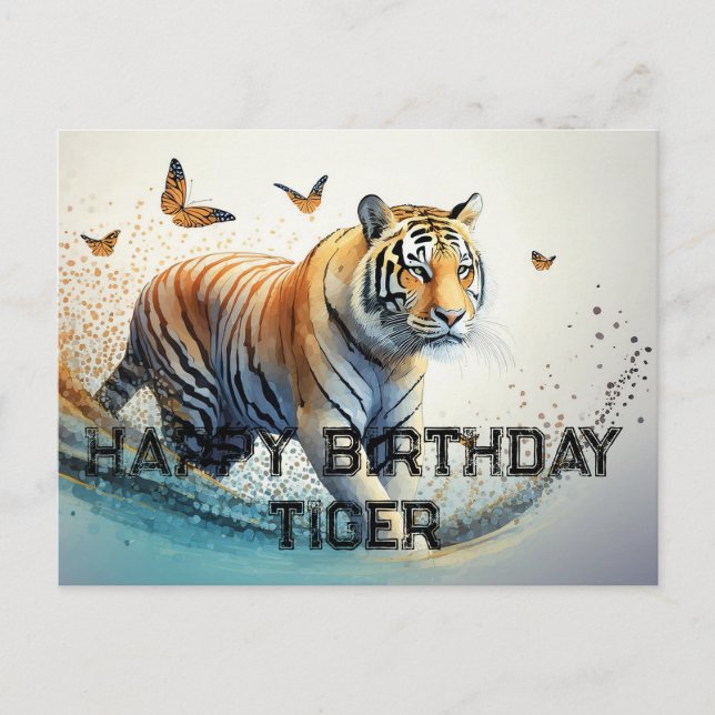 Carte Postale Tigre avec papillons Joyeux anniversaire (Devant)
