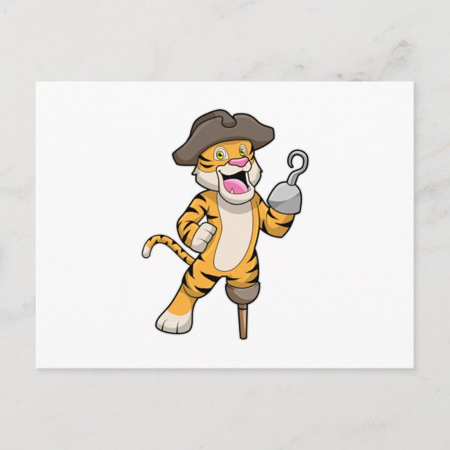 Carte Postale Tigre comme pirate avec jambe en bois et main croc (Devant)