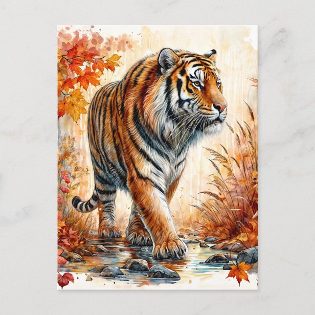 Carte Postale Tigre En Aquarelle D'Automne (Devant)