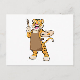 Carte Postale Tigre peignant avec de la peinture et un pinceau