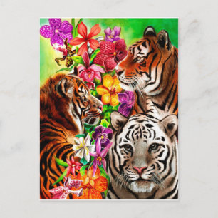 Carte Postale Tigres et fleurs Belle oeuvre d'art de la jungle
