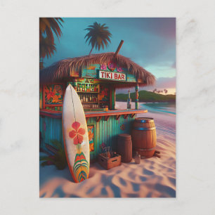 Carte Postale Tiki Bar coloré et Surfboard sur la plage