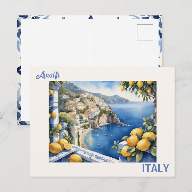 Carte Postale Titres bleus et citrons vue depuis Amalfi Italie (Devant / Derrière)