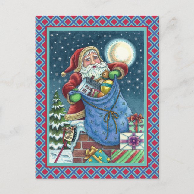 CARTE POSTALE TOIT PÈRE NOËL SAC DE JOUETS, DOLLHOUSE, HOBBYHORS (Devant)