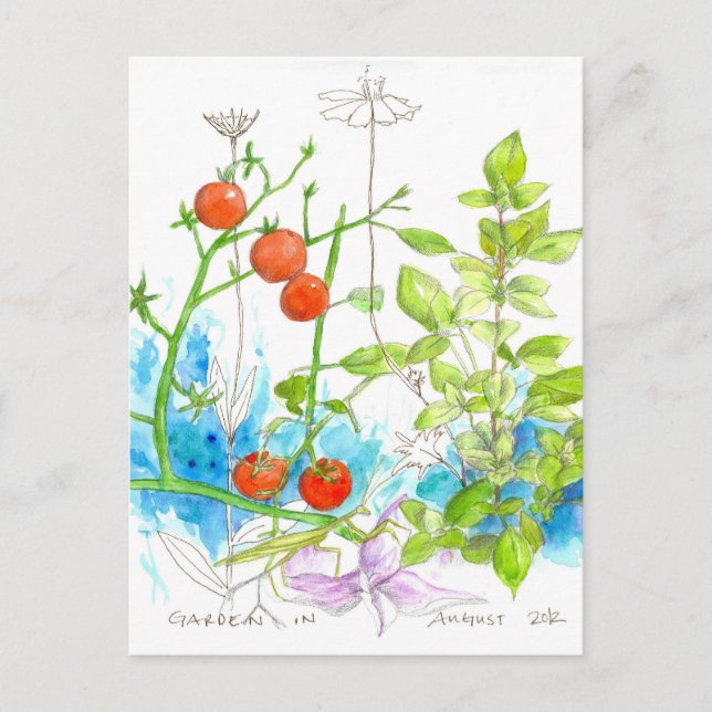 Carte Postale Tomato Basil Garden prier Mantis Art (Devant)