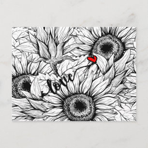 Carte Postale tomber amoureux - Fleurs de soleil noires et blanc