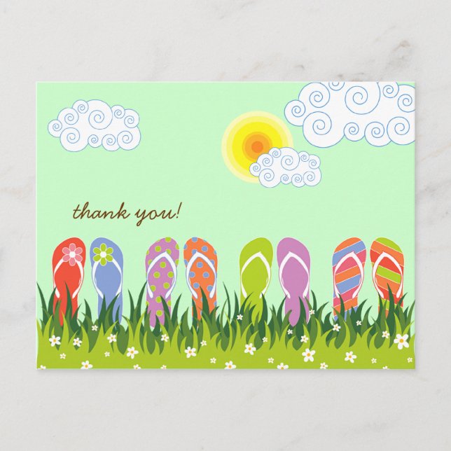 Carte Postale Tongs colorés d'été amusants dans le jardin ensole (Devant)