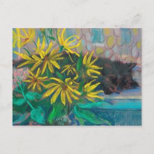 Carte Postale Topinambour Dreams Chat Noir Fleurs Jaunes Pastel