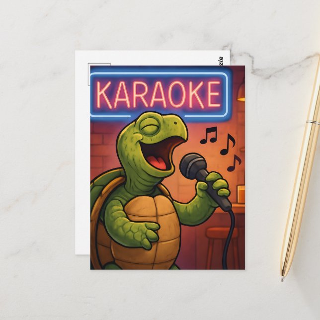 Carte Postale Tortue chanteuse Karaoke (Devant/Arrière en situation)