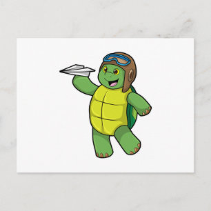 Carte Postale Tortue comme pilote avec avion en papier