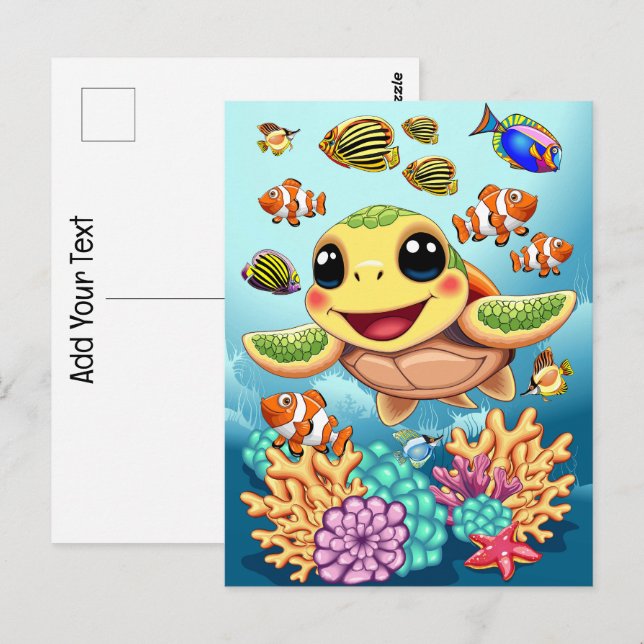 Carte Postale Tortue de mer Bébé heureux et mignonne personnage (Devant / Derrière)
