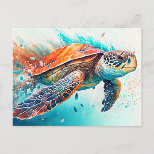 Carte Postale Tortue de mer colorée qui nage Joyeux Anniversaire