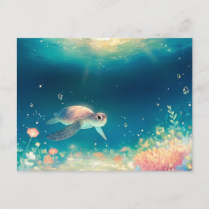 Carte Postale Tortue de mer fantaisiste dans un océan lumineux