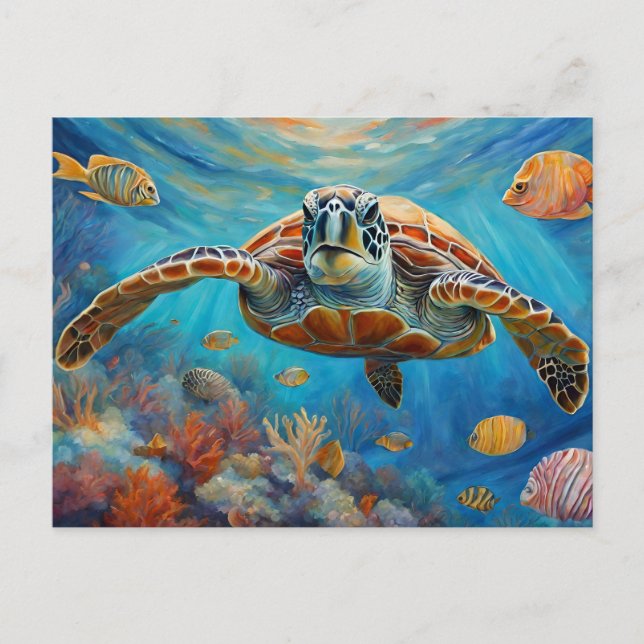 Carte Postale Tortue de mer, poissons tropicaux nageant dans l'o (Devant)
