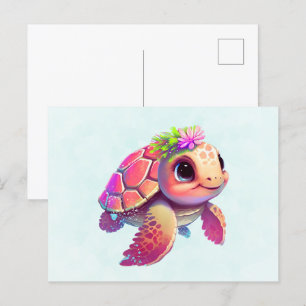 Carte Postale Tortue de mer rose Whimsical & mignon
