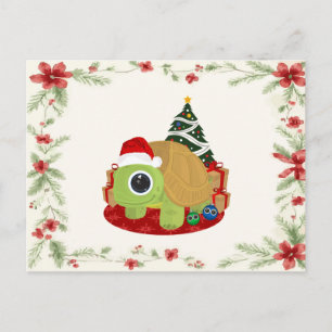 Carte Postale Tortue de Noël mignonne avec fête de gui de houx